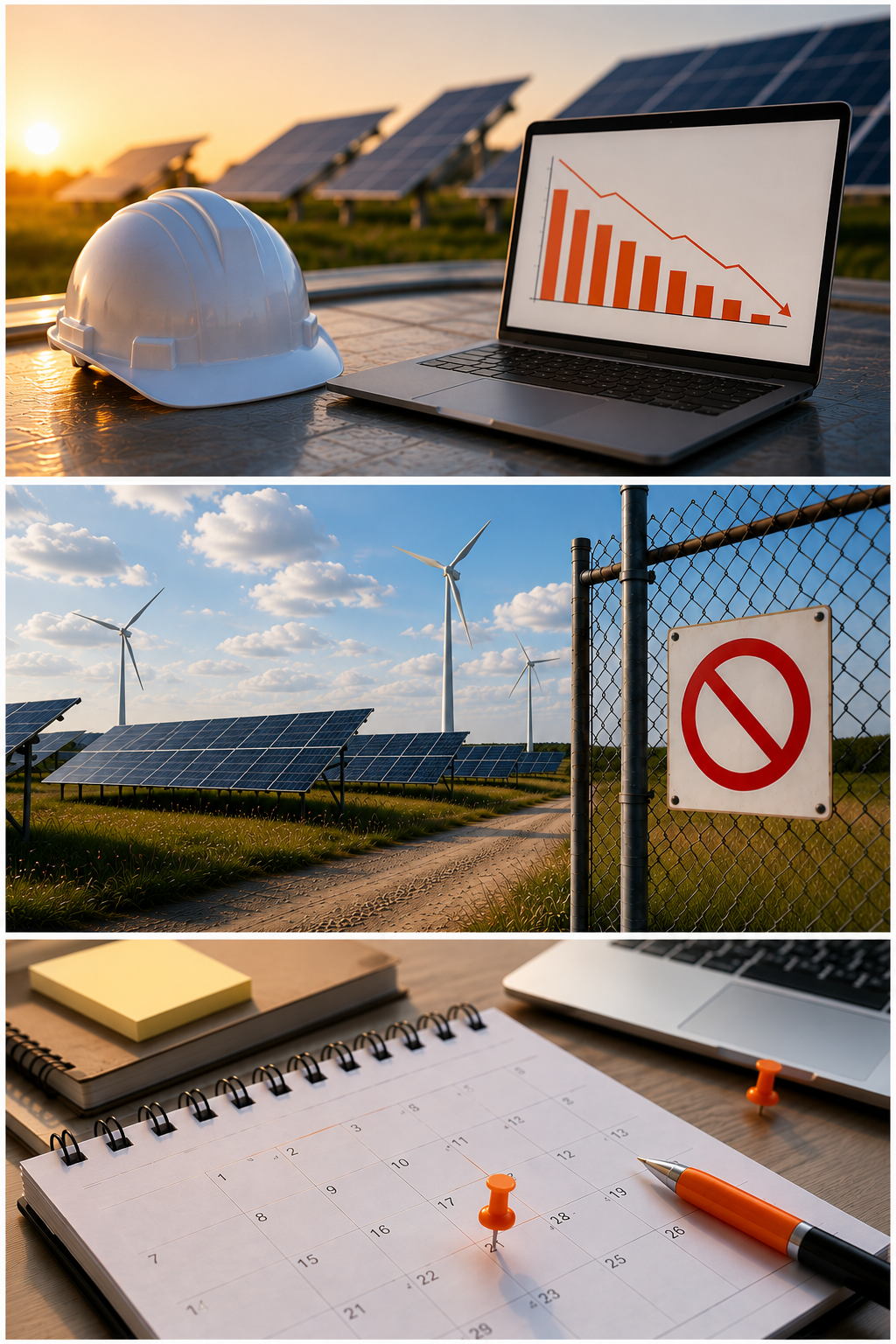 A white hard hat and a laptop showing a falling orange bar chart,
                      set on a solar array at sunset.
